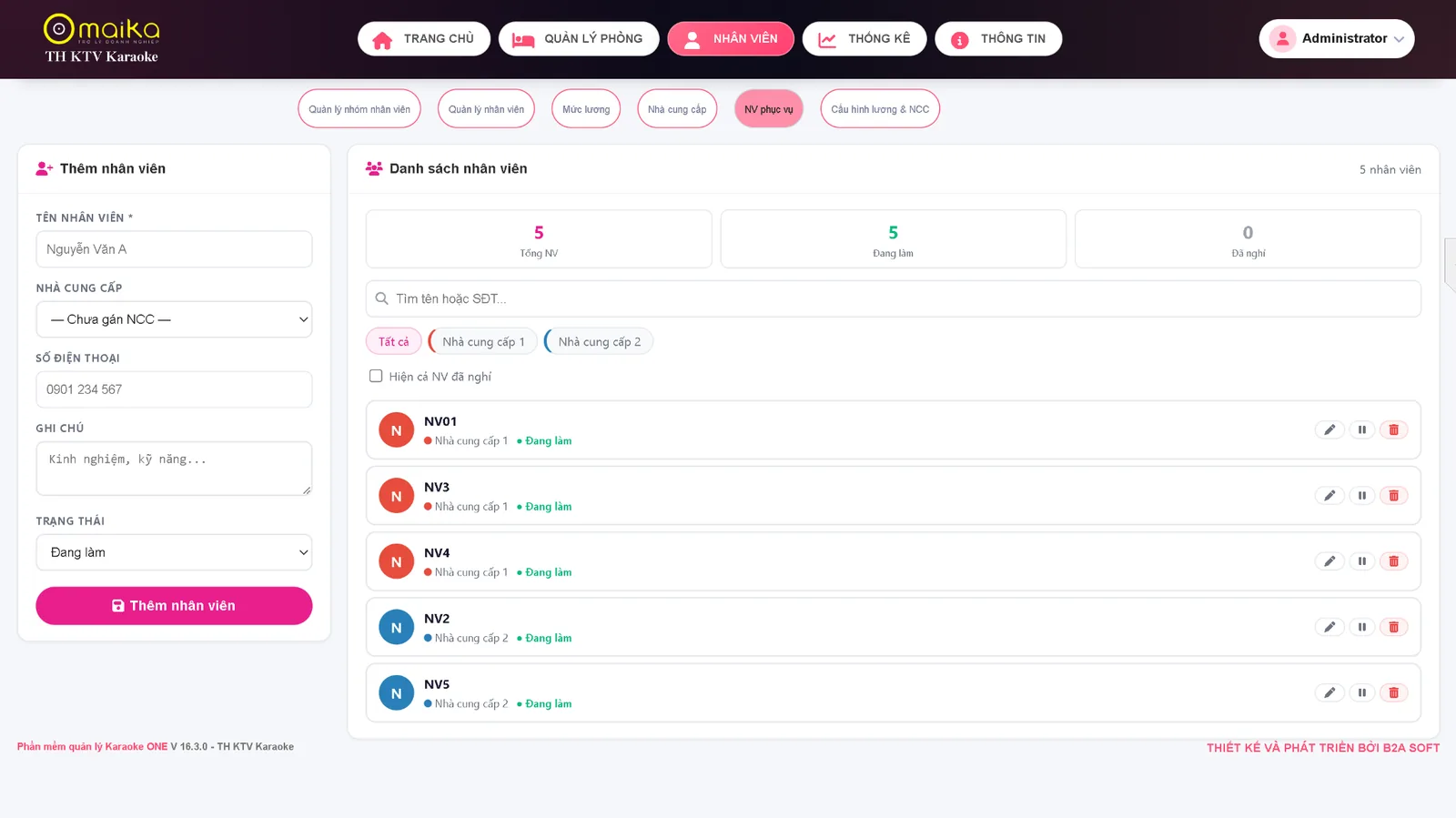 Giao diện quản lý nhân viên phục vụ trong phần mềm quản lý quán karaoke